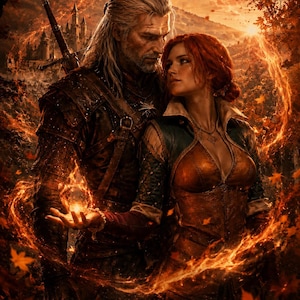 May include: A digital illustration featuring a man with long white hair in dark leather armor and a woman with long red hair in a brown and teal bodice. A glowing orange flame swirls around them amidst falling autumn leaves and a distant castle.