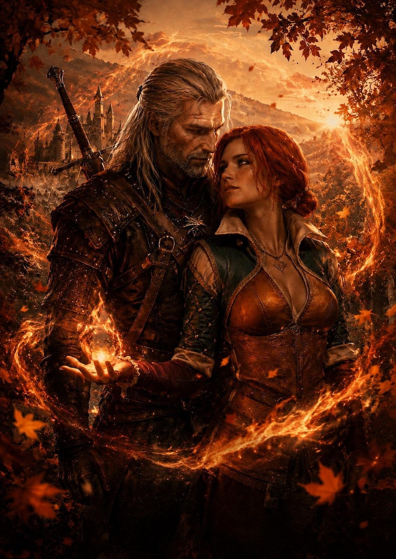 May include: A digital illustration featuring a man with long white hair in dark leather armor and a woman with long red hair in a brown and teal bodice. A glowing orange flame swirls around them amidst falling autumn leaves and a distant castle.