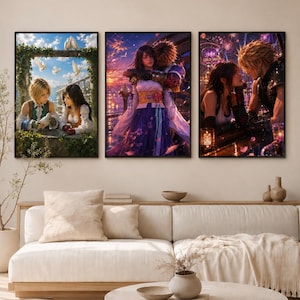 May include: Three framed art prints showcasing fantasy characters in romantic scenes. The artwork uses vivid colours and detailed illustrations of couples. The prints are displayed above a beige sofa in a living room setting.