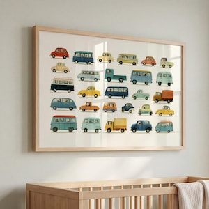 May include: A rectangular framed wall art print featuring a grid of various illustrated vehicles including vans, trucks, and cars in shades of blue, yellow, orange, red, and green, displayed on a light-colored background within a wooden frame.