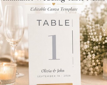 Plantilla minimalista plateada para números de mesa de boda, editable en Canva, letrero de recepción, decoración moderna para bodas.
