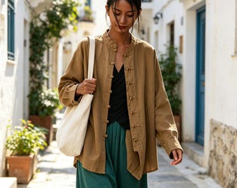 Zen Style Cotton Linen Shirt | Chinese Frog Button Jacket | Retro Tea Ceremony Wear