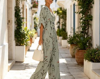 Mono Boho Chic con escote en V: elegante mono de pierna ancha con cintura ajustada, ideal para vacaciones de verano.