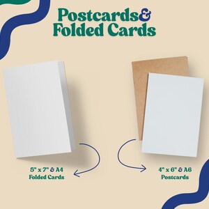 May include: A white folded card and a white postcard with a brown envelope. Text reads Postcards & Folded Cards, 5" x 7" & A4 Folded Cards, and 4" x 6" & A6 Postcards. The design features wavy green and blue lines on a light beige background.