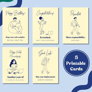 Peut inclure: Cinq cartes de vœux jaune pâle avec des illustrations au trait bleu foncé représentant des personnes travaillant sur des ordinateurs. Le texte inclut Happy Birthday, Congratulations, Promoted, Happy Work Anniversary, Good Luck et des phrases tech.