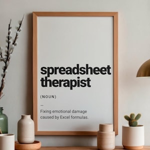 Arte de parede divertida em Excel | Impressão com a definição de "terapeuta de planilhas" | Presente para colega contador | Decoração de parede para escritório | Arte para imprimir