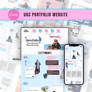 May include: A digital UGC portfolio website template displayed on a laptop and smartphone screen. The design features a grid background, pink folder icons, and text including Sara Collins, Your Brand's New Favorite, and UGC Creator.