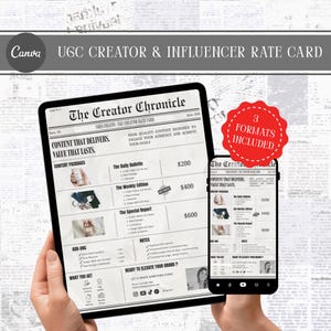 May include: A digital rate card for UGC creators and influencers, displayed on a tablet and a smartphone. The card, titled "The Creator Chronicle," lists content packages and prices. A red sticker indicates "3 formats included."
