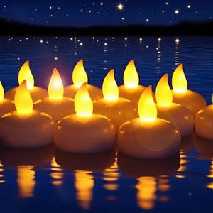 Peut inclure: Bougies LED flottantes avec une lueur jaune chaleureuse illuminant une étendue d'eau bleu foncé. Les bougies sont rondes et blanches, avec un effet de flamme vacillante. L'arrière-plan présente un ciel étoilé, créant une ambiance sereine et romantique.