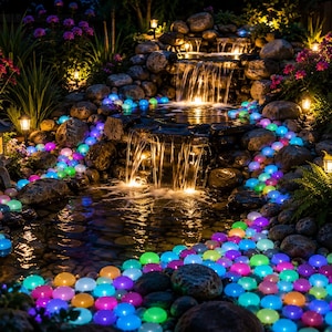 Puede incluir: Escena nocturna de jardín con una pequeña cascada y estanque. Esferas luminosas de colores flotan en el agua y sobre las rocas. Faroles y flores completan el paisaje tranquilo e iluminado, creando un ambiente mágico.