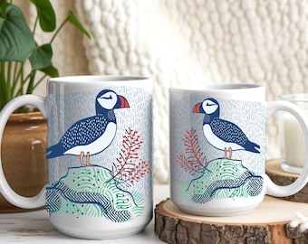 Puffin Coastal Folk Art Mug, Coastal Cottage Collection,  Beach House Coffee Mug, Nautical Gift,  Seaside Kitchen Decor