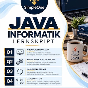 May include: A study guide titled SimpleOne JAVA INFORMATIK LERNSKRIPT featuring a rocket logo, four modules covering Java basics, operators, loops, arrays, and number systems, with icons for summaries, checks, examples, and tips for self-study.