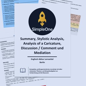 Könnte beinhalten: Ein weißes Lehrdokument mit dem Titel SimpleOne Summary, Stylistic Analysis, Analysis of a Caricature, Discussion / Comment und Mediation, das ein gelbes Raketensymbol, ein Buchsymbol und deutschen Text zur Vorbereitung auf Englischklausuren enthält.