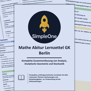 Puede incluir: Una pila de hojas de estudio de matemáticas, con una portada central que muestra un icono de cohete amarillo, el texto SimpleOne y el título Mathe Abitur Lernzettel GK Berlin, resumiendo análisis, geometría y probabilidad.