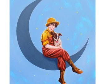 Starlight Strays - 11x14" PRINT Oil Painting of Woman Sitting on Moon with Dog