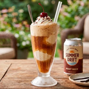 Peut inclure: Un flotteur à la bière de racine dans un grand verre avec de la glace à la vanille, de la crème fouettée, un filet de chocolat et une cerise, accompagné d'une cuillère en argent et d'une paille. Une canette de 355 ml de bière de racine Summer Drift.