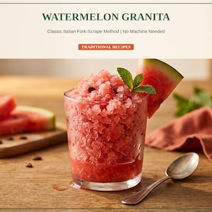May include: A glass filled with pink watermelon granita topped with a fresh mint sprig and a watermelon slice. The text reads WATERMELON GRANITA, Classic Italian Fork-Scrape Method | No Machine Needed, and TRADITIONAL RECIPES.