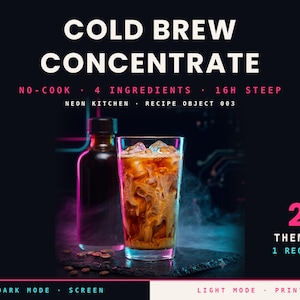 Recept på kallbryggt koncentrat i PDF-format | Iskaffe utan tillagning, 4 ingredienser | Mörk + ljus utskrivbar | Digital nedladdning | Neon Kitchen