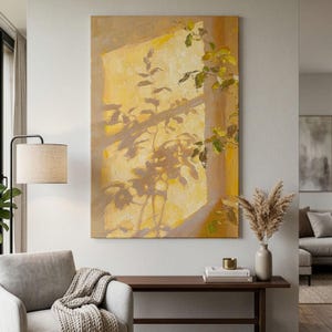 May include: A vertical rectangular oil painting on canvas depicting a bright yellow sunlit window frame with the dark, intricate shadows of leafy plant branches cast across the surface, rendered with visible, textured brushstrokes throughout.