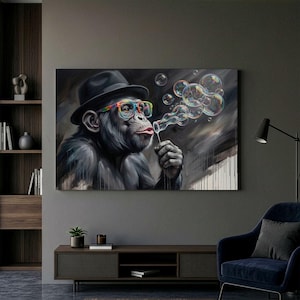 Quadro em tela com um chimpanzé de óculos, arte de parede divertida com macacos, arte pop psicodélica, decoração de grafite com animais, presente colorido e original para casa ou escritório.