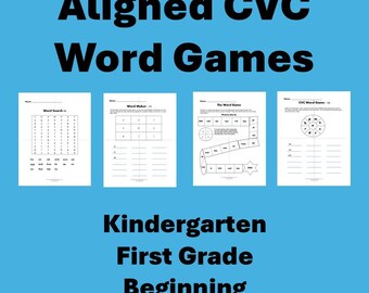 Può includere: Un set di 15 giochi di parole CVC basati sulla fonetica per lettori principianti della scuola dell'infanzia e primaria. L'immagine mostra quattro fogli di attività bianchi con testo e grafiche nere su uno sfondo blu, inclusi cruciverba.