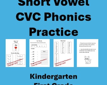 Peut inclure: Un ensemble éducatif numérique pour la pratique de la phonétique composé de quatre pages blanches avec du texte noir sur fond bleu. Le texte indique BUNDLE: Short Vowel CVC Phonics Practice, Kindergarten First Grade Beginning Readers et Reading Code Breakers Copyright 2026. Les pages incluent des listes de mots, des banques de lettres et une illustration de chat.