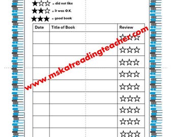 Peut inclure: Une fiche de suivi de lecture imprimable avec une bordure à motifs de livres bleus et gris. L'en-tête indique Book Tracker, suivi d'une ligne pour le nom et d'instructions pour noter les livres avec des étoiles. Un tableau inclut les colonnes Date, Title of Book et Review.