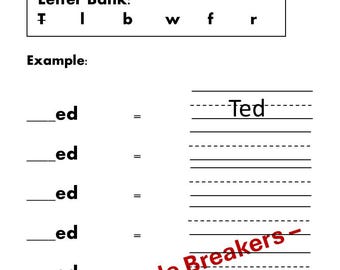 Può includere: Un foglio di lavoro bianco intitolato "ed" Words. Include un elenco di lettere e righe per scrivere parole CVC. L'esempio mostra "Ted". L'angolo in basso a destra riporta la scritta "Reading Code Breakers - Copyright 2026".