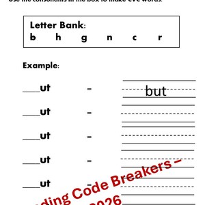 Può includere: Un foglio di lavoro bianco intitolato "ut" Words, progettato per la pratica delle parole CVC. Include una banca di lettere con consonanti e linee per scrivere parole. La parola "but" è fornita come esempio. La parte inferiore della pagina riporta il testo "Reading Code Breakers - Copyright 2026".