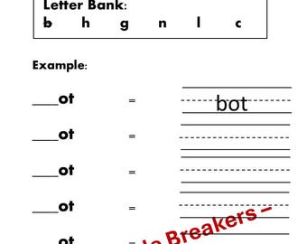 Peut inclure: Une feuille de travail blanche intitulée "ot" Words, conçue pour l'apprentissage des mots CVC. Elle comprend une banque de lettres et des exemples. Le texte "Reading Code Breakers Copyright 2026" est visible.