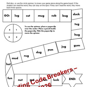 Peut inclure: Un jeu de mots phon&eacute;tiques avec des mots comme "lug", "cut" et "mug". Il comprend une roulette avec des chiffres et des instructions. Le jeu est con&ccedil;u pour aider les &eacute;l&egrave;ves &agrave; apprendre &agrave; lire. Le texte "Reading Code Breakers - Copyright 2026" est visible.