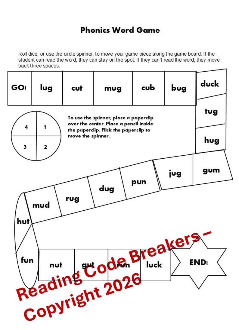 Peut inclure: Un jeu de mots phon&eacute;tiques avec des mots comme "lug", "cut" et "mug". Il comprend une roulette avec des chiffres et des instructions. Le jeu est con&ccedil;u pour aider les &eacute;l&egrave;ves &agrave; apprendre &agrave; lire. Le texte "Reading Code Breakers - Copyright 2026" est visible.