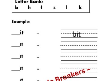 Può includere: Un foglio di lavoro bianco intitolato "it" Words. Include una banca di lettere e spazi per formare parole CVC. È visibile anche il testo "Reading Code Breakers Copyright 2026". Adatto per l'apprendimento.