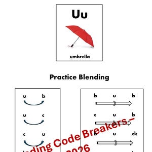 Peut inclure: Image &eacute;ducative avec le texte "Son court 'u'" et "Pratique de l'assemblage". Comprend une carte avec la lettre "Uu" et une illustration de parapluie rouge. Exercices d'assemblage avec des fl&egrave;ches.