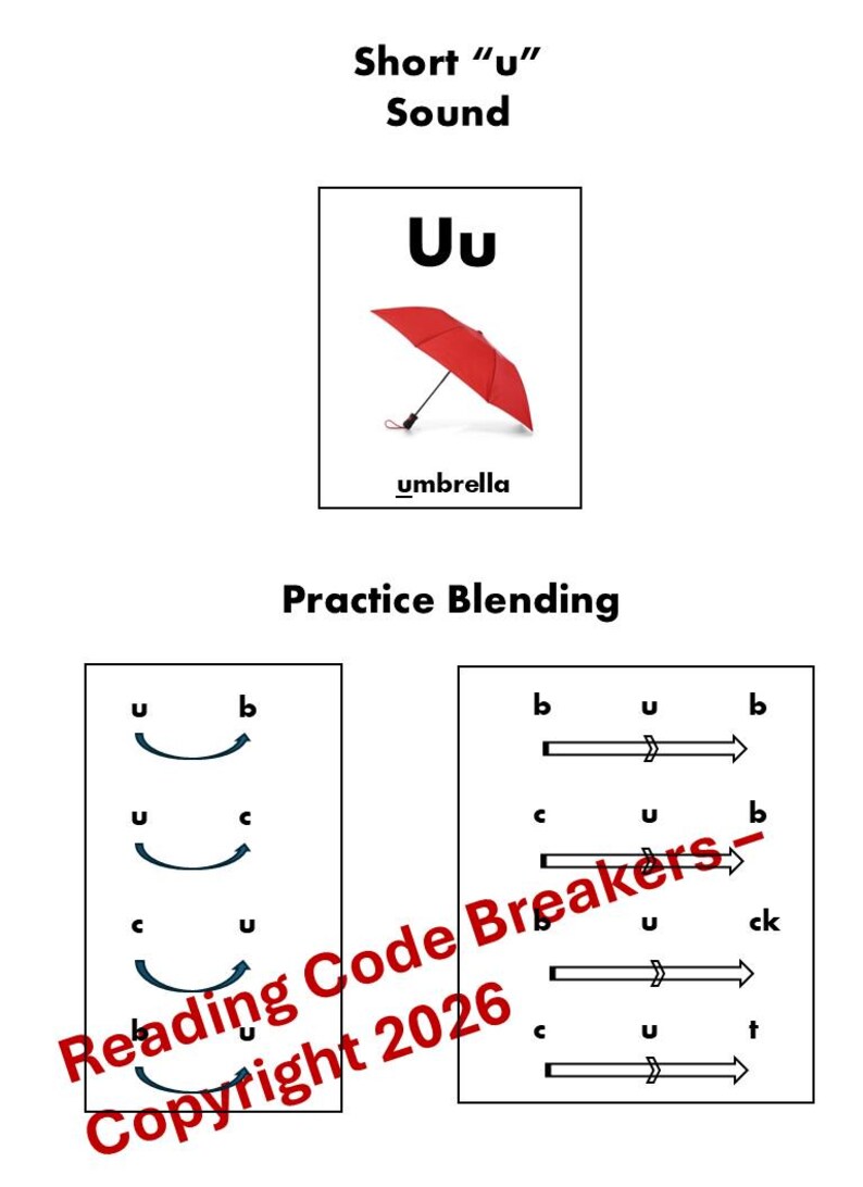 Peut inclure: Image &eacute;ducative avec le texte "Son court 'u'" et "Pratique de l'assemblage". Comprend une carte avec la lettre "Uu" et une illustration de parapluie rouge. Exercices d'assemblage avec des fl&egrave;ches.