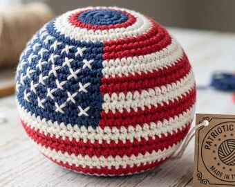 Patriotic American Flag Crochet Ball pattern pdf | Handmade Hacky Sack & Fidget Toy | 4th of July Gift | Red White Blue