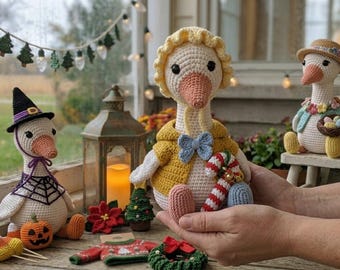 May include: Crocheted goose dolls in various outfits, including a witch hat, a bonnet, and a straw hat. The dolls are white with orange beaks and feet. Accessories include a spiderweb, candy canes, and a wreath. The scene is set on a porch.
