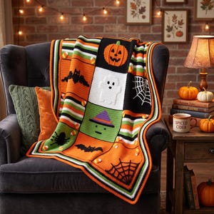 May include: A crocheted Halloween blanket featuring square panels with a jack-o'-lantern, a white ghost, a witch hat, spiders, bats, and spiderwebs. The blanket is decorated with small candy corn accents and striped borders in orange, black, white, and green.