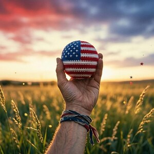 May include: A hand holds a crocheted ball with a design of the American flag against a sunset sky. The ball features red and white stripes and a blue field with white stars. The scene is set in a field of tall grass.