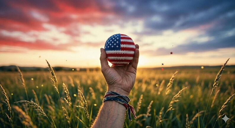 May include: A hand holds a crocheted ball with a design of the American flag against a sunset sky. The ball features red and white stripes and a blue field with white stars. The scene is set in a field of tall grass.