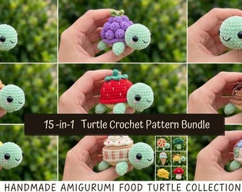 May include: A collection of handmade amigurumi food turtles. Each turtle is crocheted with a different food theme, including a pineapple, grapes, a burger, a strawberry, and a cherry dessert. The text reads "15-in-1 Turtle Crochet Pattern Bundle".