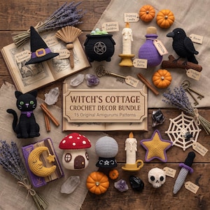 Hexenhäuschen-Häkelmuster-Set | 15 Halloween-Häkelanleitungen (Amigurumi) als PDF | Hexenhut, Kessel, Besen, Katze, Rabe | Digitaler Download