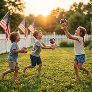 May include: Three children playing with red, white, and blue American flag-themed balls in a grassy backyard. American flags line a white picket fence in the background. A swing set and garden are also visible.