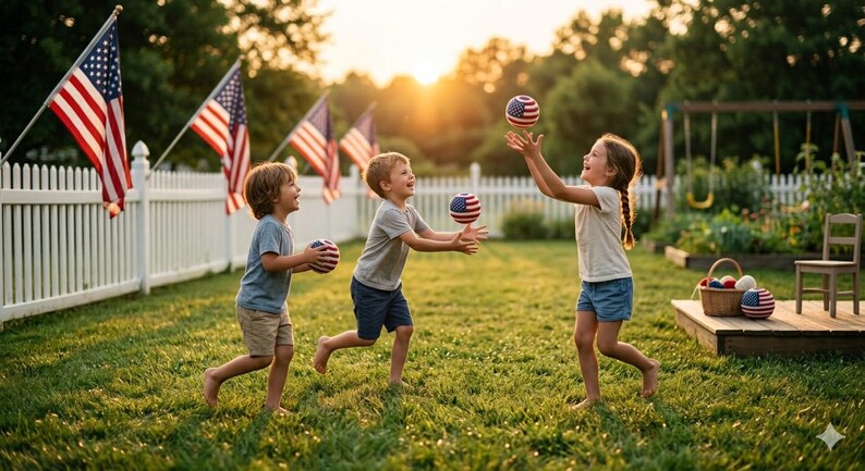 May include: Three children playing with red, white, and blue American flag-themed balls in a grassy backyard. American flags line a white picket fence in the background. A swing set and garden are also visible.