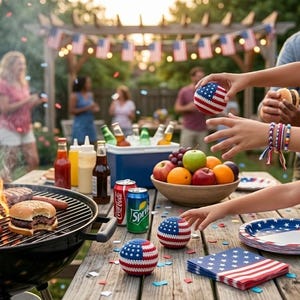 May include: A backyard barbecue scene with a grill cooking burgers and hot dogs. A table is set with food, drinks, and patriotic decorations. People are gathered, some playing with red, white, and blue balls.