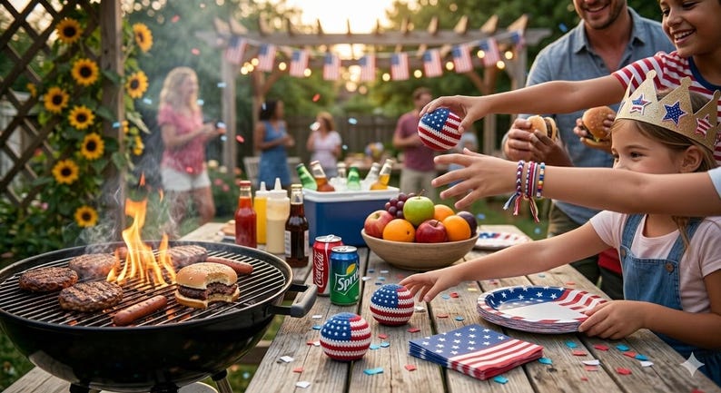 May include: A backyard barbecue scene with a grill cooking burgers and hot dogs. A table is set with food, drinks, and patriotic decorations. People are gathered, some playing with red, white, and blue balls.