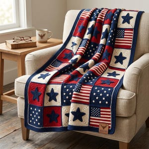May include: A crochet blanket featuring a patriotic theme with alternating squares of red, white, and blue. The design incorporates American flag motifs, including stripes and white stars on blue fields, alongside solid navy blue appliqued stars.