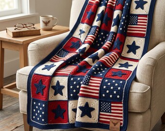 May include: A crochet blanket featuring a patriotic theme with alternating squares of red, white, and blue. The design incorporates American flag motifs, including stripes and white stars on blue fields, alongside solid navy blue appliqued stars.