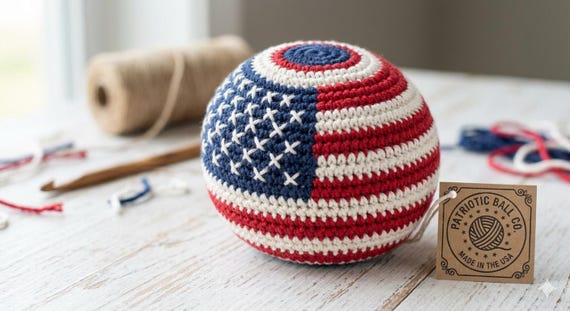 Patriotic American Flag Crochet Ball pattern pdf | Handmade Hacky Sack & Fidget Toy | 4th of July Gift | Red White Blue