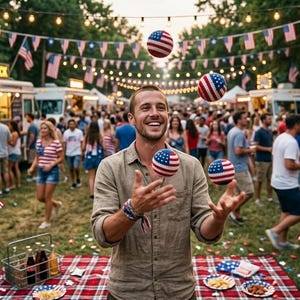 May include: A festive outdoor gathering with food trucks, American flags, and people celebrating. A man juggles red, white, and blue balls. The scene is filled with people, lights, and a general sense of celebration.